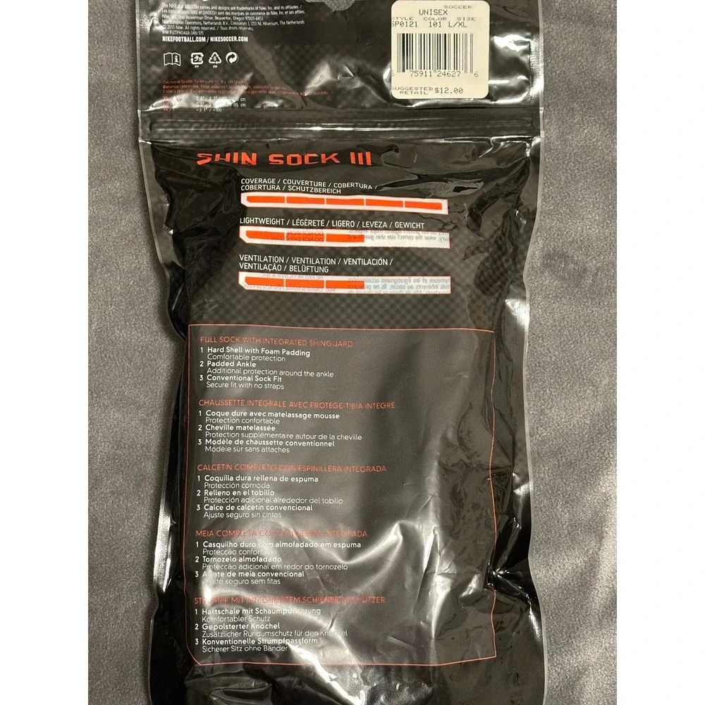 Nike Shin Sock III Soccer Integrated Shin Guards White L/XL